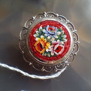 Vintage Italy Micro Mosaic Floral Brooch Pin Silver Stamped